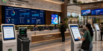 Dashboard interaktif Aplikasi Canggih Izin Perpustakaan yang menampilkan sistem pemantauan data literasi real-time untuk mendukung efisiensi perpustakaan kota Medan