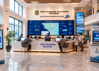 Dashboard interaktif Aplikasi Cepat Izin Bahari yang menampilkan sistem pemantauan data perairan real-time untuk mendukung efisiensi pariwisata bahari kota Medan