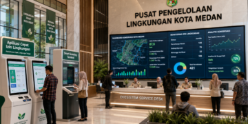 Dashboard interaktif Aplikasi Cepat Izin Lingkungan yang menampilkan sistem pemantauan data ekosistem real-time untuk mendukung efisiensi lingkungan kota Medan