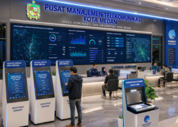 Dashboard interaktif Aplikasi Cerdas Izin Sinyal yang menampilkan sistem pemantauan data komunikasi real-time untuk mendukung efisiensi telekomunikasi kota Medan
