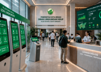 Dashboard interaktif Aplikasi Digital Izin Lingkungan yang menampilkan sistem pemantauan data limbah real-time untuk mendukung efisiensi lingkungan kota Medan