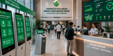 Dashboard interaktif Aplikasi Digital Izin Lingkungan yang menampilkan sistem pemantauan data limbah real-time untuk mendukung efisiensi lingkungan kota Medan