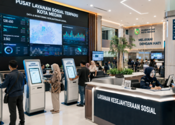 Dashboard interaktif Aplikasi Digital Izin Sosial yang menampilkan sistem pemantauan data kesejahteraan real-time untuk mendukung efisiensi sosial kota Medan