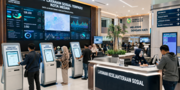 Dashboard interaktif Aplikasi Digital Izin Sosial yang menampilkan sistem pemantauan data kesejahteraan real-time untuk mendukung efisiensi sosial kota Medan