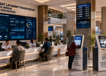 Dashboard interaktif Aplikasi Efisien Izin Perhubungan yang menampilkan sistem pemantauan data transportasi real-time untuk mendukung efisiensi perhubungan kota Medan
