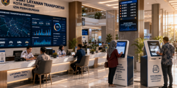 Dashboard interaktif Aplikasi Efisien Izin Perhubungan yang menampilkan sistem pemantauan data transportasi real-time untuk mendukung efisiensi perhubungan kota Medan