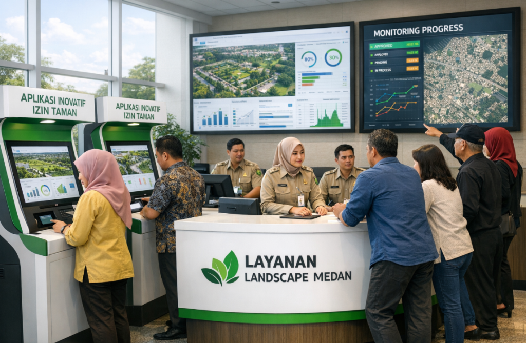Dashboard interaktif Aplikasi Inovatif Izin Taman yang menampilkan sistem pemantauan data ruang terbuka real-time untuk mendukung efisiensi pertamanan kota Medan.