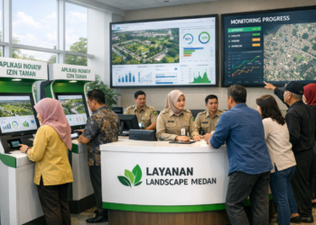 Dashboard interaktif Aplikasi Inovatif Izin Taman yang menampilkan sistem pemantauan data ruang terbuka real-time untuk mendukung efisiensi pertamanan kota Medan.