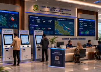 Dashboard interaktif Aplikasi Inovatif Izin Tangkap yang menampilkan sistem pemantauan data budidaya real-time untuk mendukung efisiensi perikanan kota Medan