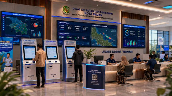 Dashboard interaktif Aplikasi Inovatif Izin Tangkap yang menampilkan sistem pemantauan data budidaya real-time untuk mendukung efisiensi perikanan kota Medan
