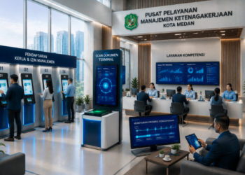 Dashboard interaktif Manajemen Izin Kerja Medan yang menampilkan sistem pemantauan data kompetensi real-time untuk mendukung efisiensi kerja kota Medan