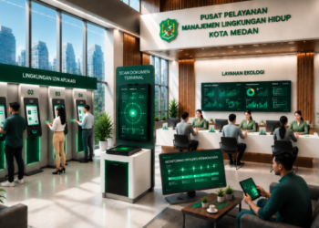 Dashboard interaktif Aplikasi Izin Lingkungan Medan yang menampilkan sistem pemantauan data limbah real-time untuk mendukung efisiensi lingkungan kota Medan