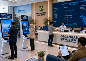 Dashboard interaktif Aplikasi Layanan Izin Koperasi yang menampilkan sistem pemantauan data keanggotaan real-time untuk mendukung efisiensi koperasi kota Medan