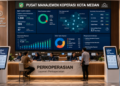 Dashboard interaktif Aplikasi Maju Izin Usaha yang menampilkan sistem pemantauan data mandiri real-time untuk mendukung efisiensi koperasi kota Medan