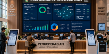 Dashboard interaktif Aplikasi Maju Izin Usaha yang menampilkan sistem pemantauan data mandiri real-time untuk mendukung efisiensi koperasi kota Medan
