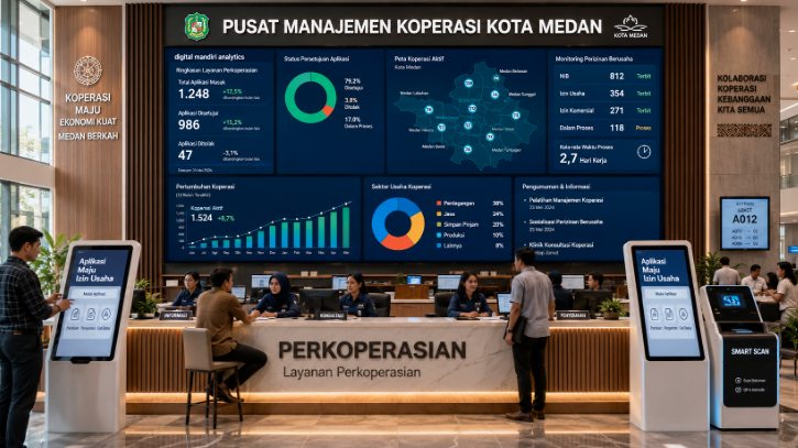 Dashboard interaktif Aplikasi Maju Izin Usaha yang menampilkan sistem pemantauan data mandiri real-time untuk mendukung efisiensi koperasi kota Medan