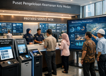 Dashboard interaktif Aplikasi Modern Izin Aman yang menampilkan sistem pemantauan data waspada real-time untuk mendukung efisiensi keamanan kota Medan