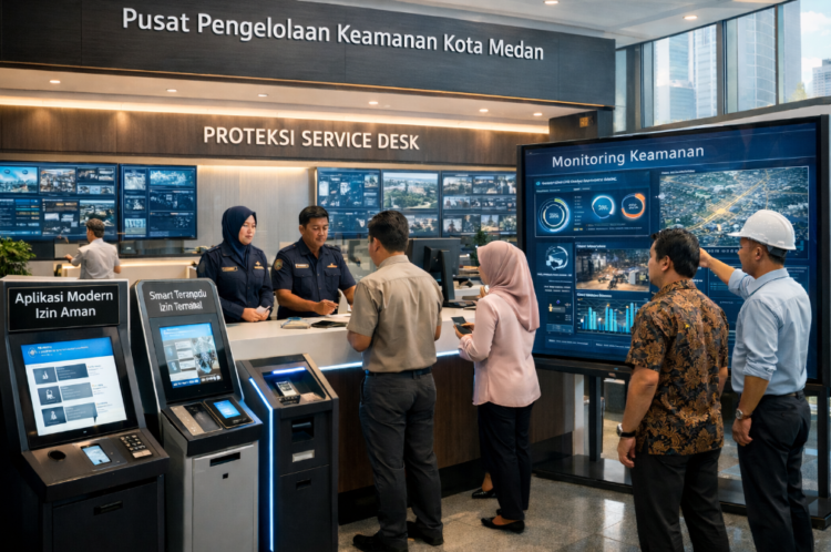 Dashboard interaktif Aplikasi Modern Izin Aman yang menampilkan sistem pemantauan data waspada real-time untuk mendukung efisiensi keamanan kota Medan
