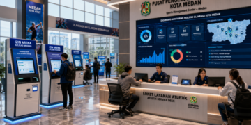 Dashboard interaktif Aplikasi Modern Izin Arena yang menampilkan sistem pemantauan data fasilitas real-time untuk mendukung efisiensi olahraga kota Medan