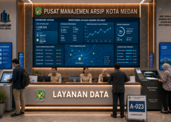 Dashboard interaktif Aplikasi Modern Izin Arsip yang menampilkan sistem pemantauan data catatan real-time untuk mendukung efisiensi kearsipan kota Medan