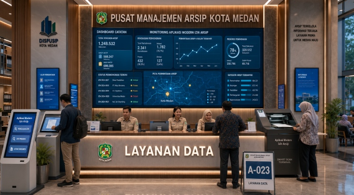 Dashboard interaktif Aplikasi Modern Izin Arsip yang menampilkan sistem pemantauan data catatan real-time untuk mendukung efisiensi kearsipan kota Medan