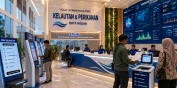 Dashboard interaktif Aplikasi Modern Izin Kelautan yang menampilkan sistem pemantauan data bahari real-time untuk mendukung efisiensi kelautan kota Medan