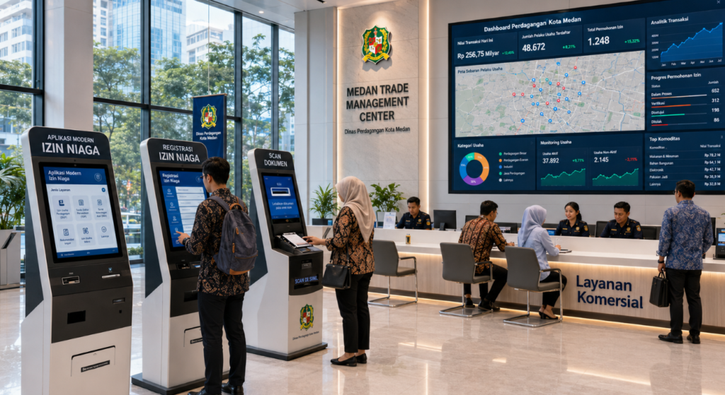 Dashboard interaktif Aplikasi Modern Izin Niaga yang menampilkan sistem pemantauan data transaksi real-time untuk mendukung efisiensi perdagangan kota Medan.