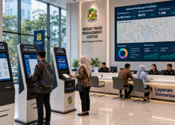 Dashboard interaktif Aplikasi Modern Izin Niaga yang menampilkan sistem pemantauan data transaksi real-time untuk mendukung efisiensi perdagangan kota Medan.