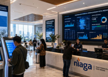 Dashboard interaktif Aplikasi Modern Izin Perdagangan yang menampilkan sistem pemantauan data niaga real-time untuk mendukung efisiensi perdagangan kota Medan