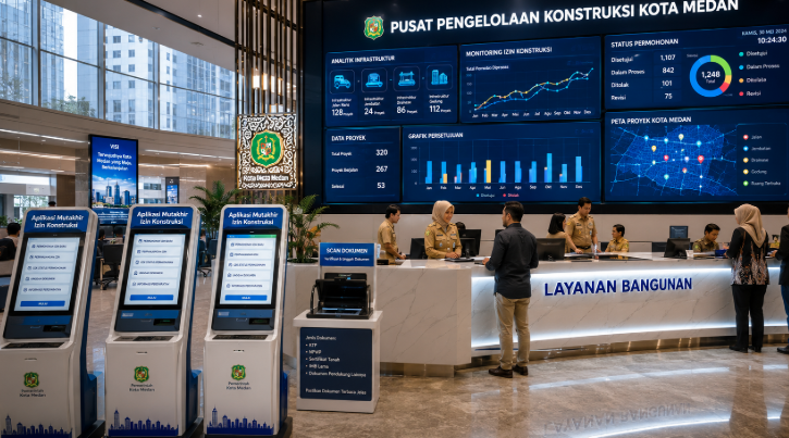 Dashboard interaktif Aplikasi Mutakhir Izin Konstruksi yang menampilkan sistem pemantauan data infrastruktur real-time untuk mendukung efisiensi konstruksi kota Medan.