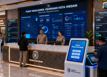 Dashboard interaktif Aplikasi Pintar Izin Aman yang menampilkan sistem pemantauan data penjagaan real-time untuk mendukung efisiensi keamanan kota Medan