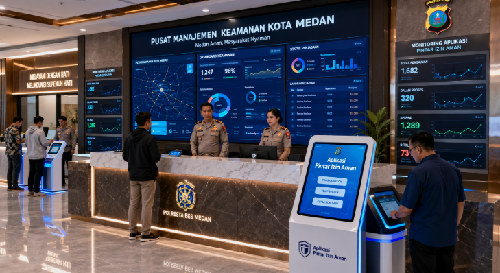 Dashboard interaktif Aplikasi Pintar Izin Aman yang menampilkan sistem pemantauan data penjagaan real-time untuk mendukung efisiensi keamanan kota Medan