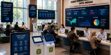 Dashboard interaktif Aplikasi Pintar Izin Arsip yang menampilkan sistem pemantauan data rekam real-time untuk mendukung efisiensi kearsipan kota Medan