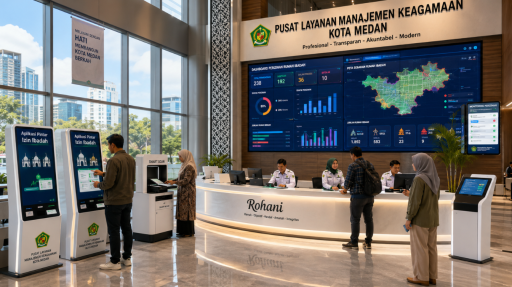 Dashboard interaktif Aplikasi Pintar Izin Ibadah yang menampilkan sistem pemantauan data rumah ibadah real-time untuk mendukung efisiensi keagamaan kota Medan.