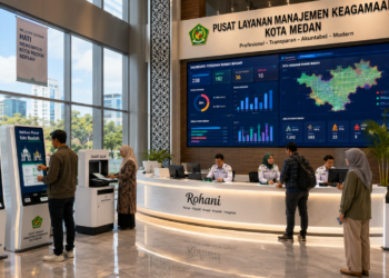 Dashboard interaktif Aplikasi Pintar Izin Ibadah yang menampilkan sistem pemantauan data rumah ibadah real-time untuk mendukung efisiensi keagamaan kota Medan.