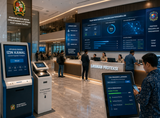 Dashboard interaktif Aplikasi Pintar Izin Kawal yang menampilkan sistem pemantauan data pengawalan real-time untuk mendukung efisiensi keamanan kota Medan