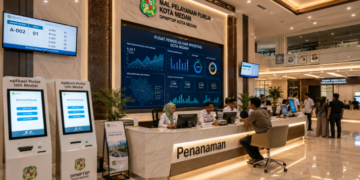 Dashboard interaktif Aplikasi Pintar Izin Modal yang menampilkan sistem pemantauan data usaha real-time untuk mendukung efisiensi investasi kota Medan
