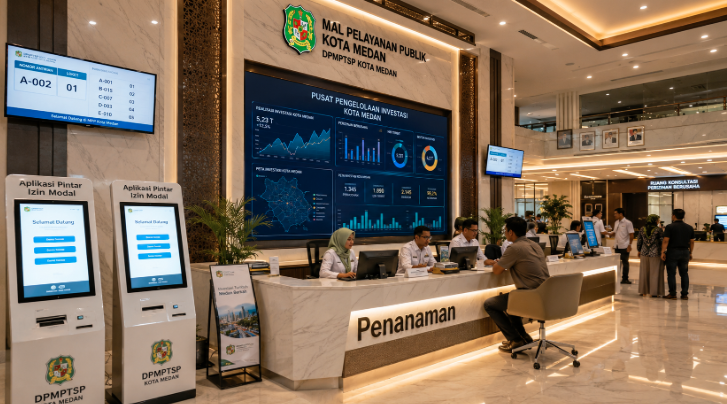 Dashboard interaktif Aplikasi Pintar Izin Modal yang menampilkan sistem pemantauan data usaha real-time untuk mendukung efisiensi investasi kota Medan
