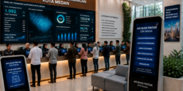 Dashboard interaktif Aplikasi Pintar Izin Niaga yang menampilkan sistem pemantauan data transaksi real-time untuk mendukung efisiensi perdagangan kota Medan