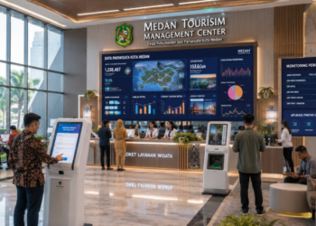 Dashboard interaktif Aplikasi Pintar Izin Pariwisata yang menampilkan sistem pemantauan data destinasi real-time untuk mendukung efisiensi pariwisata kota Medan