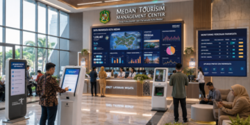 Dashboard interaktif Aplikasi Pintar Izin Pariwisata yang menampilkan sistem pemantauan data destinasi real-time untuk mendukung efisiensi pariwisata kota Medan