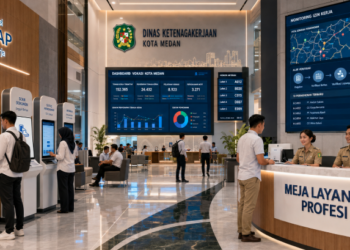 Dashboard interaktif Aplikasi Sigap Izin Kerja yang menampilkan sistem pemantauan data vokasi real-time untuk mendukung efisiensi ketenagakerjaan kota Medan