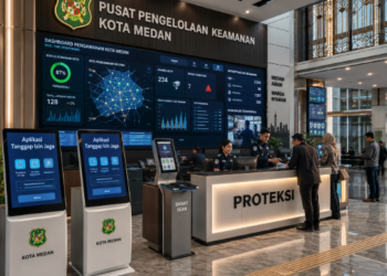 Dashboard interaktif Aplikasi Tanggap Izin Jaga yang menampilkan sistem pemantauan data pengamanan real-time untuk mendukung efisiensi keamanan kota Medan.