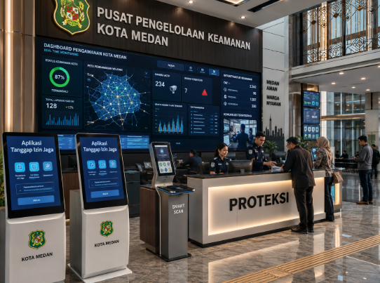Dashboard interaktif Aplikasi Tanggap Izin Jaga yang menampilkan sistem pemantauan data pengamanan real-time untuk mendukung efisiensi keamanan kota Medan.