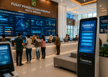 Dashboard interaktif Aplikasi Tangkas Izin Domisili yang menampilkan sistem pemantauan data identitas real-time untuk mendukung efisiensi kependudukan kota Medan