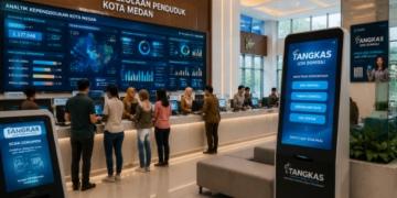 Dashboard interaktif Aplikasi Tangkas Izin Domisili yang menampilkan sistem pemantauan data identitas real-time untuk mendukung efisiensi kependudukan kota Medan
