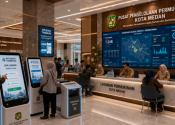 Dashboard interaktif Aplikasi Tangkas Izin Hunian yang menampilkan sistem pemantauan data properti real-time untuk mendukung efisiensi perumahan kota Medan