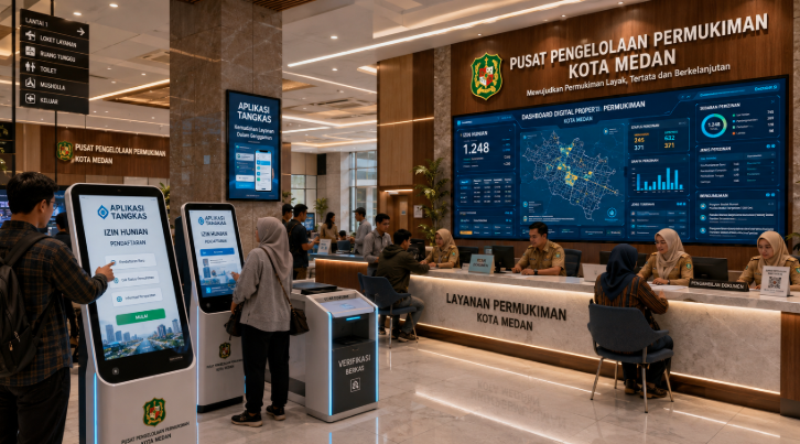 Dashboard interaktif Aplikasi Tangkas Izin Hunian yang menampilkan sistem pemantauan data properti real-time untuk mendukung efisiensi perumahan kota Medan