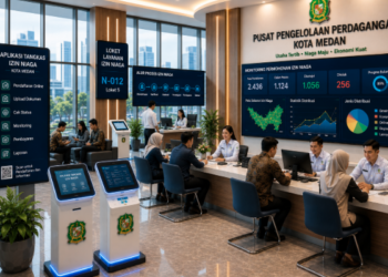 Dashboard interaktif Aplikasi Tangkas Izin Niaga yang menampilkan sistem pemantauan data transaksi real-time untuk mendukung efisiensi perdagangan kota Medan