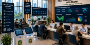 Dashboard interaktif Aplikasi Tangkas Izin Niaga yang menampilkan sistem pemantauan data transaksi real-time untuk mendukung efisiensi perdagangan kota Medan